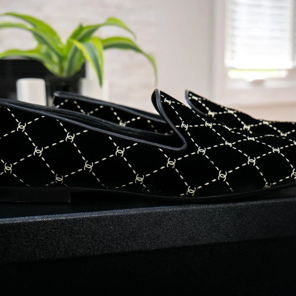 Chanel Black Velvet Diamond CC Patterned Moccasin Loafers | Size 8 | UK 38